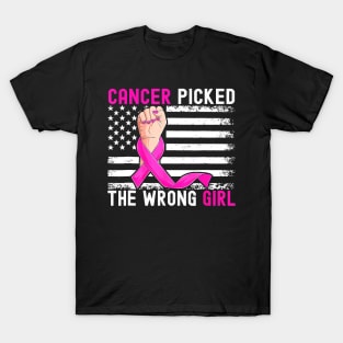 US Flag Cancer Picked The Wrong Girl Breast Cancer Awareness T-Shirt